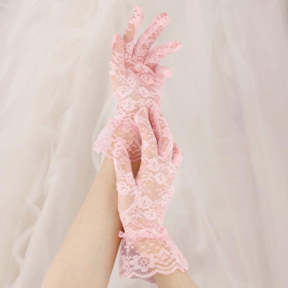 Women's Pink Short Fashion Imported Lace Opera Halloween Cosplay Gloves - Picture 3 of 7